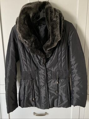 Zara Basic Dark Gray Quilted Puffer with Faux Fur Shawl Collar
